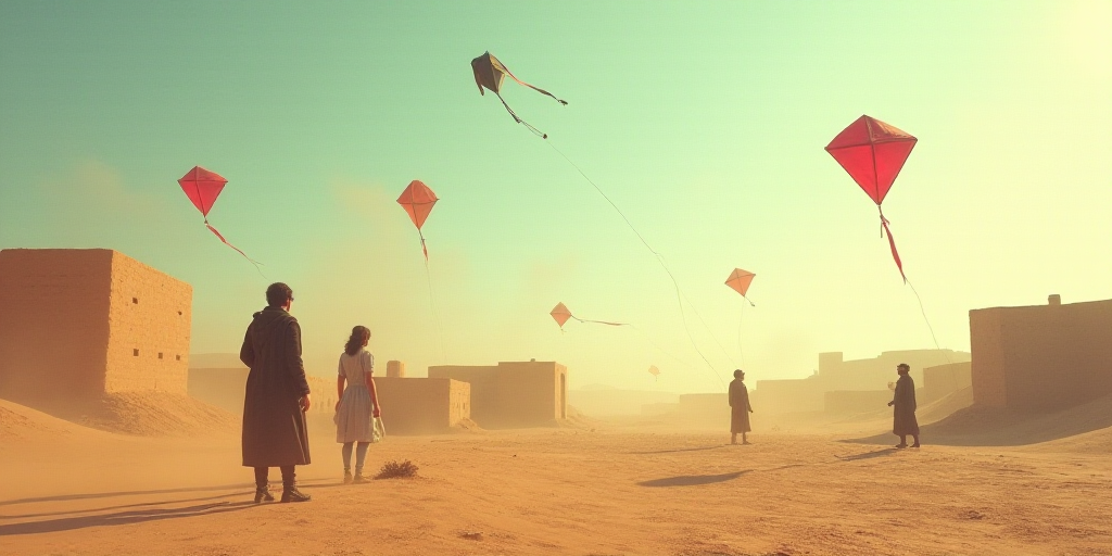 a group of people flying kites in the air over a desert area with buildings and a sky background, De
