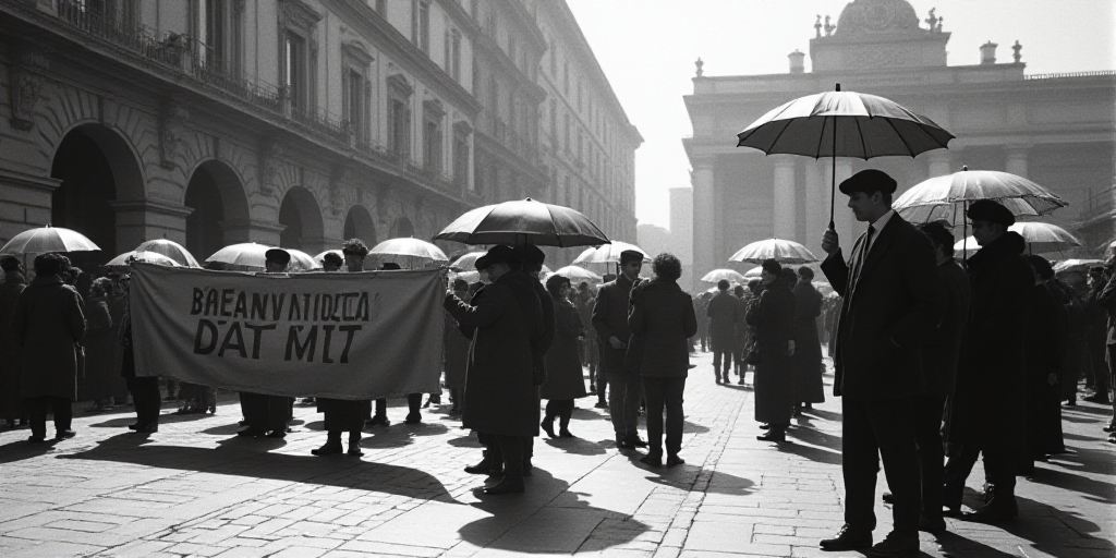 a group of people holding a banner and umbrellas in a city square with a building in the background,