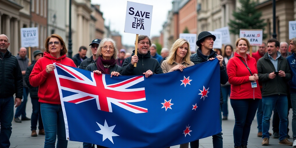 a group of people holding a sign that says save the epa on it and a flag that says save the epa, Ann