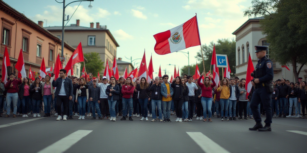 a group of people holding flags and signs in a street with buildings in the background and a police