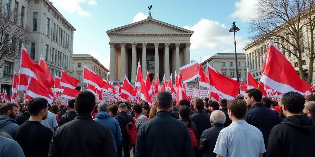 a group of people holding flags and signs in a street with a building in the background and a sky ba