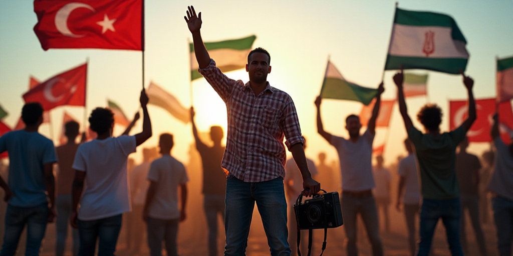 a group of people holding flags and signs in the air with a man holding a camera in the middle, Fath