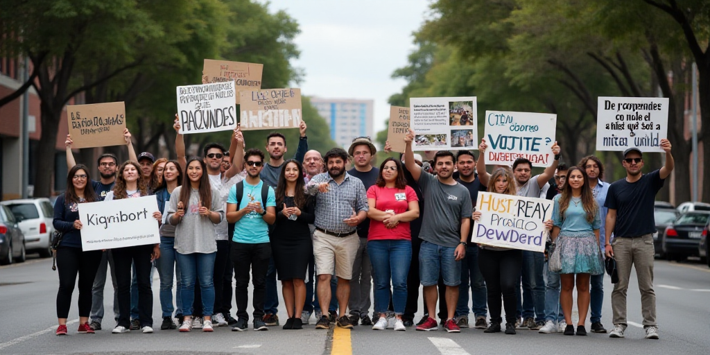 a group of people holding signs in spanish and english on a street corner with trees and buildings i