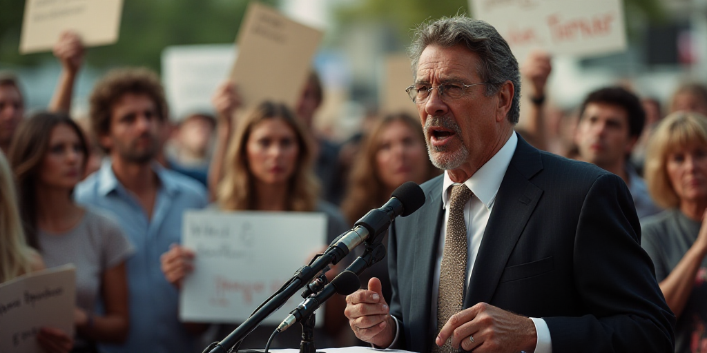 a group of people holding signs and microphones in front of them with a man speaking into a micropho