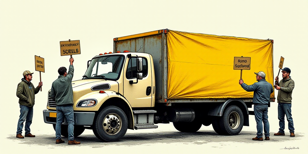 a group of people holding signs standing next to a truck with a yellow banner on it's back, Aquirax
