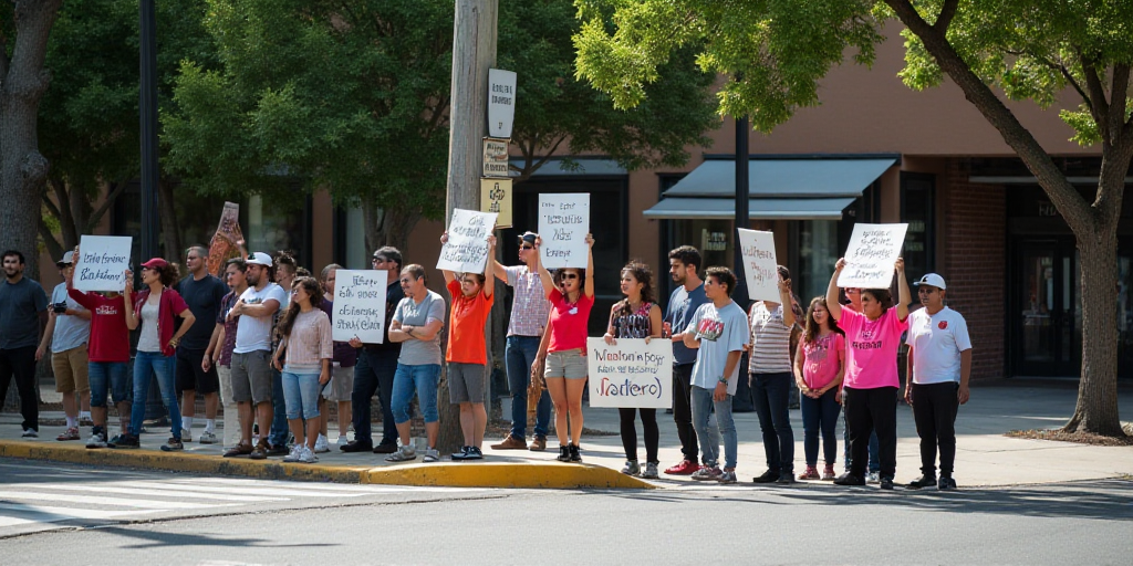 a group of people holding signs in spanish and english on a street corner with trees and buildings i