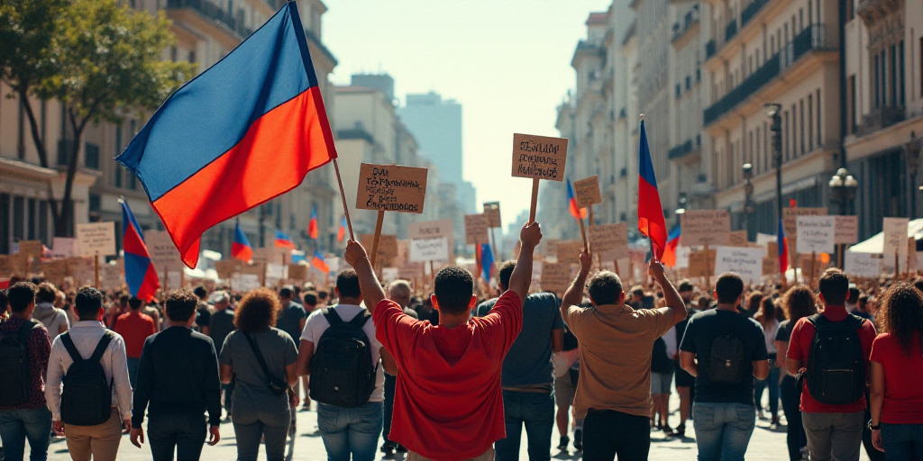 a group of people holding signs in a protest in a city street with buildings in the background and p