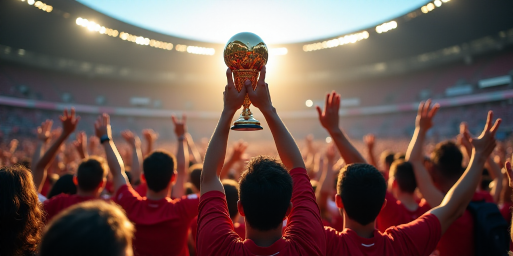 a group of people holding up a trophy in front of a crowd of people in a stadium with their hands up