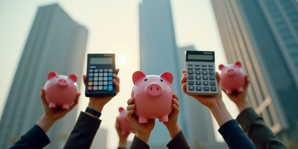 a group of people holding up a piggy bank and a calculator in front of a building, Cui Bai, 16k, a s