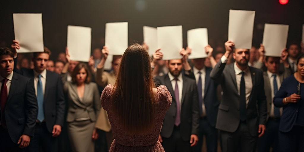 a group of people holding up papers in front of a crowd of people in suits and ties, all holding up