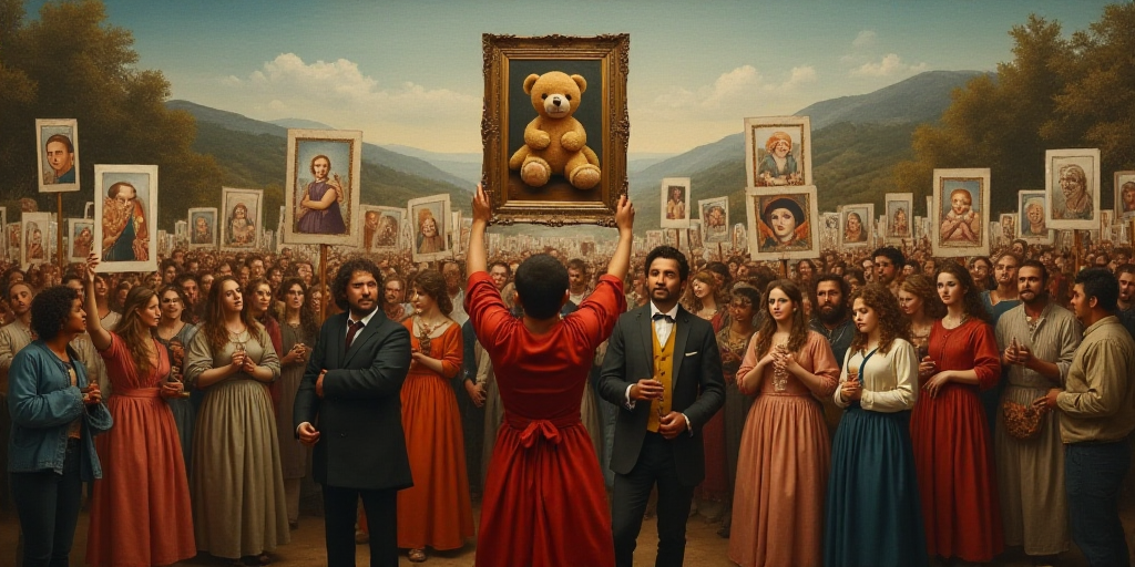 a group of people holding up pictures and a teddy bear in front of them with a large crowd behind th