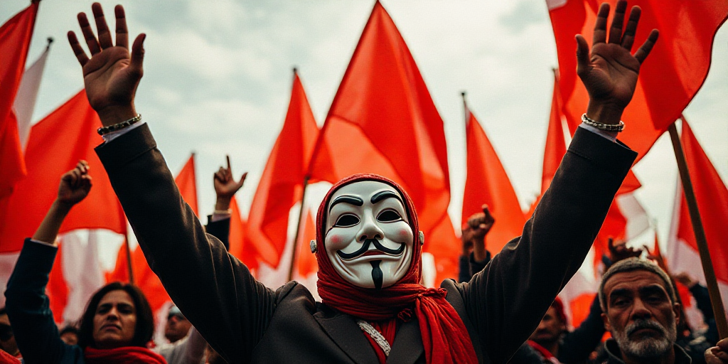 a group of people holding up red and white flags and wearing masks and holding up their hands in the