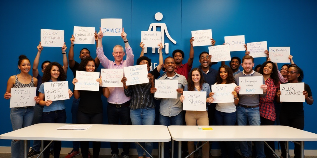 a group of people holding up signs in front of a table with a blue wall behind them and a blue sign