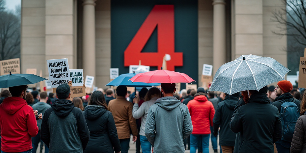 a group of people holding up signs and umbrellas in front of a building with a large number 4, Aquir