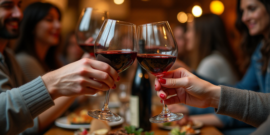 a group of people holding wine glasses in their hands and toasting with each other at a table with a