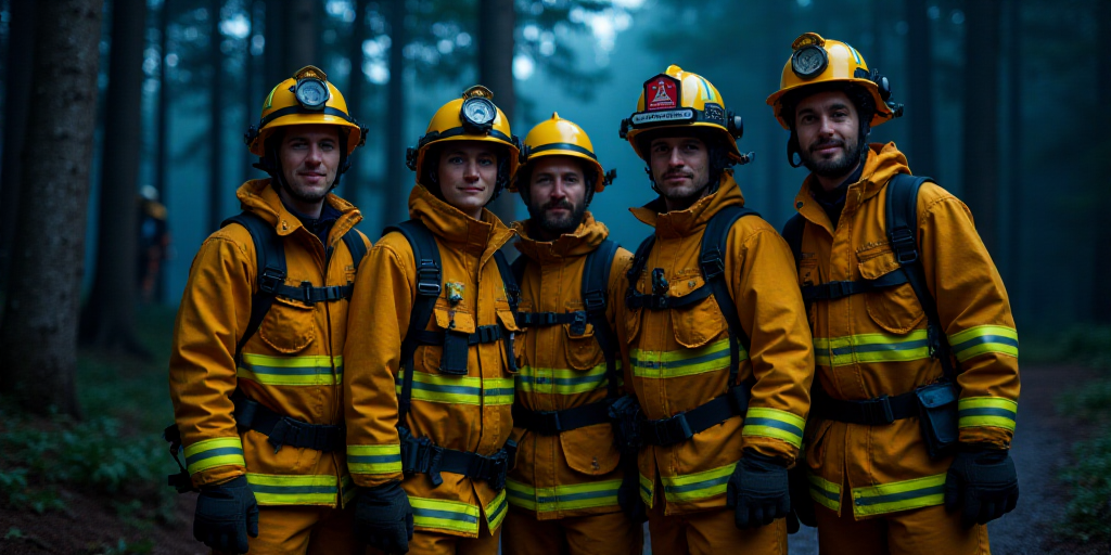 a group of people in fire fighters gear posing for a picture in the woods at night time with a firem
