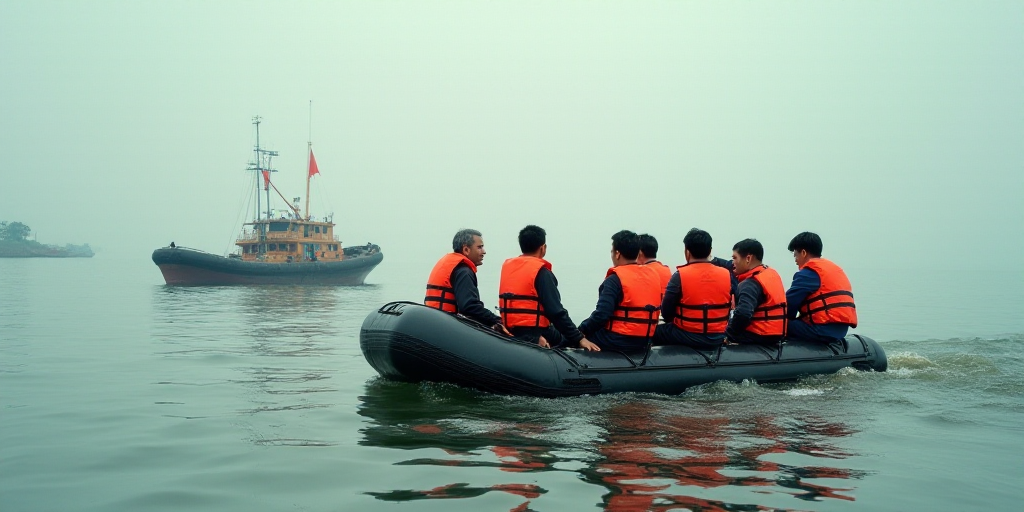 a group of people in life jackets are on a raft in the water with a boat in the background, Ai Weiwe