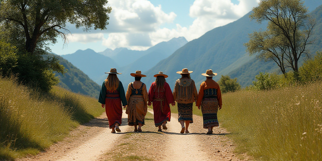 a group of people in native clothing walking down a dirt road with mountains in the background and t