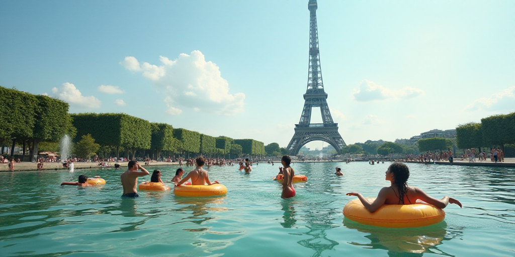 a group of people in the water with inflatables in front of the eiffel tower, Charles Angrand, summe