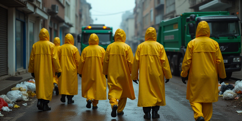 a group of people in yellow raincoats standing in a street with garbage on the ground and a garbage