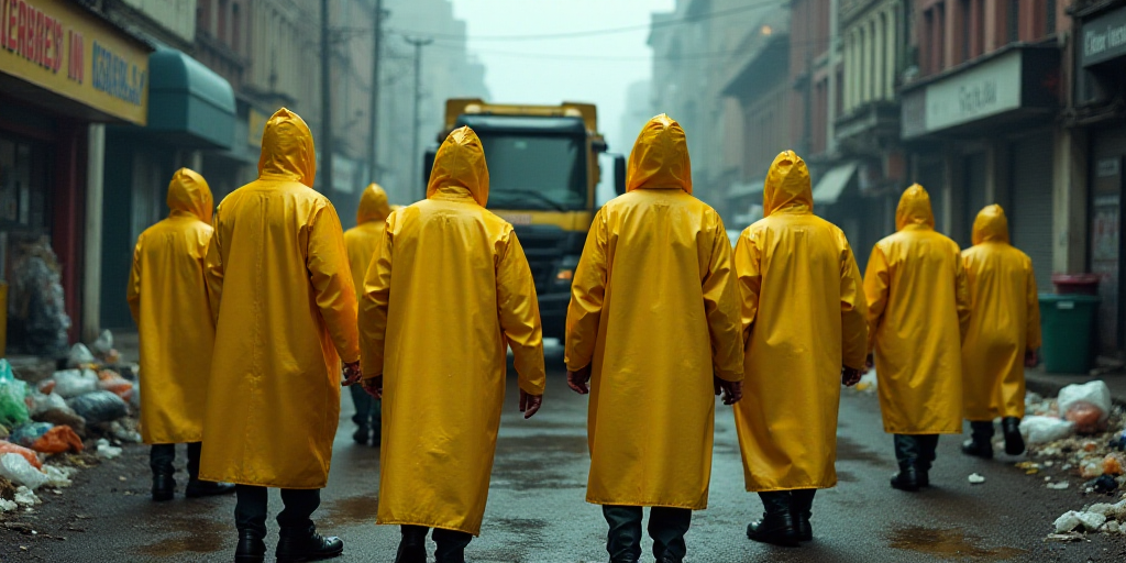 a group of people in yellow raincoats standing in a street with garbage on the ground and a garbage