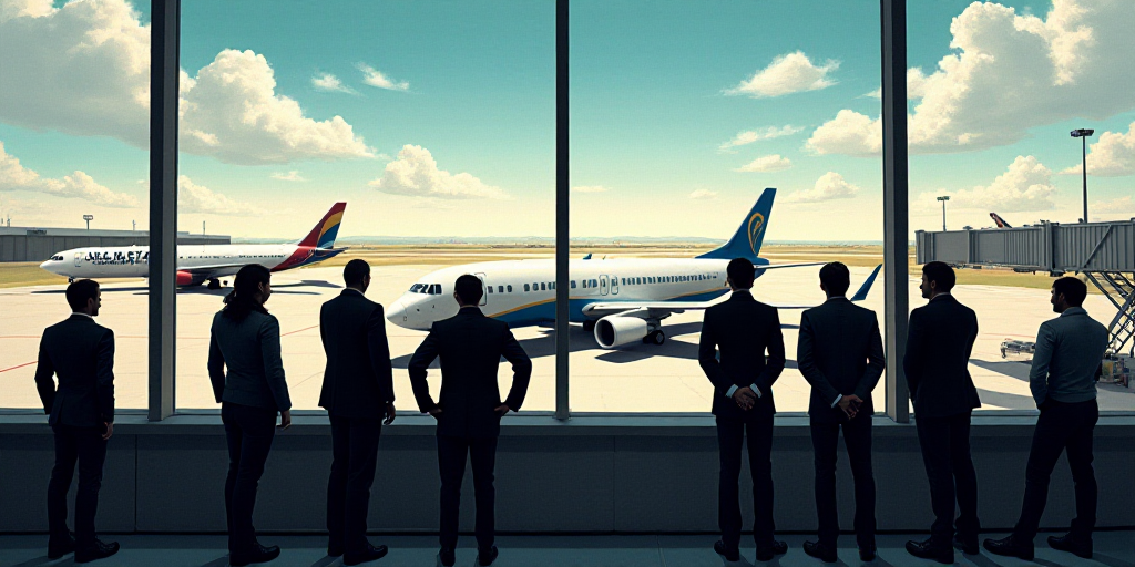 a group of people looking out a window at airplanes on the tarmac at an airport with a plane parked