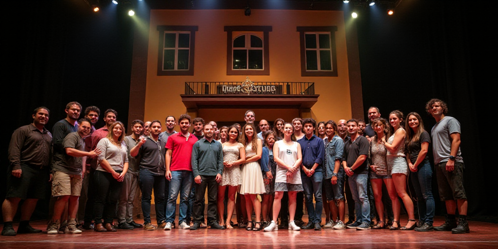 a group of people posing for a picture on stage in front of a building with a sign that says tempit,