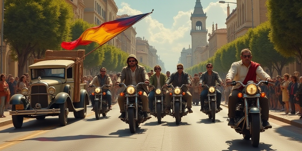 a group of people riding motorcycles down a street with a flag on the back of a car and a truck, Bou