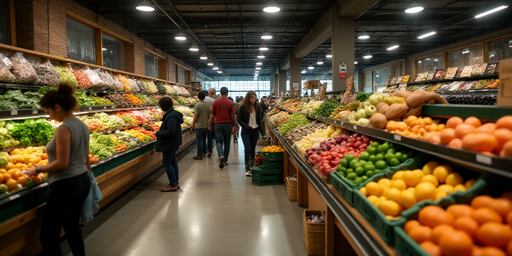 a group of people shopping in a grocery store filled with produce and vegetables and fruits and vege