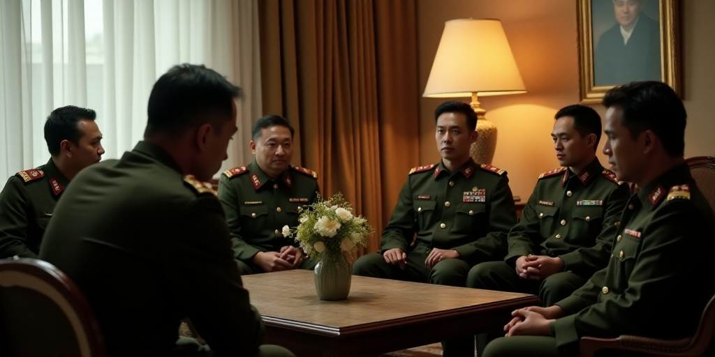 a group of people sitting around a living room together in military uniforms and a lamp on a table w