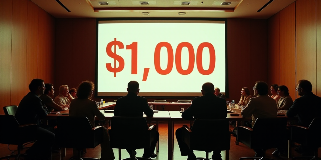 a group of people sitting around a table in a meeting room with a large screen behind them that says