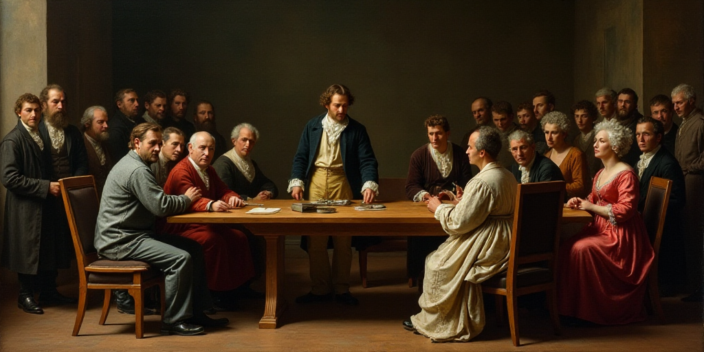 a group of people sitting around a table in a room with a man standing up and a woman standing up, A