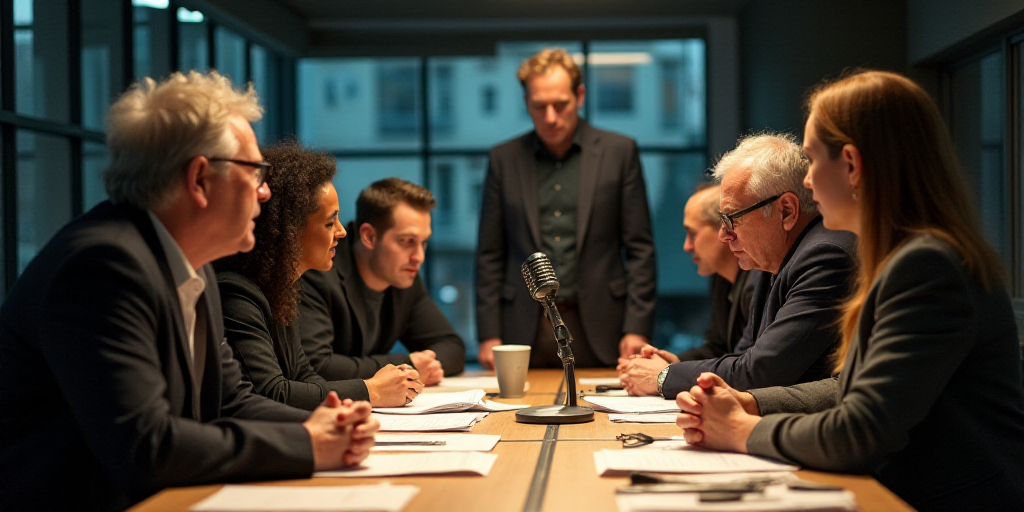 a group of people sitting around a table with papers on it and a microphone in the background with a