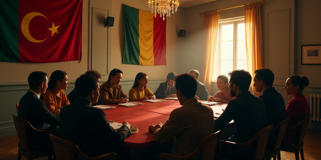 a group of people sitting around a table in a room with flags on the walls and a flag hanging from t