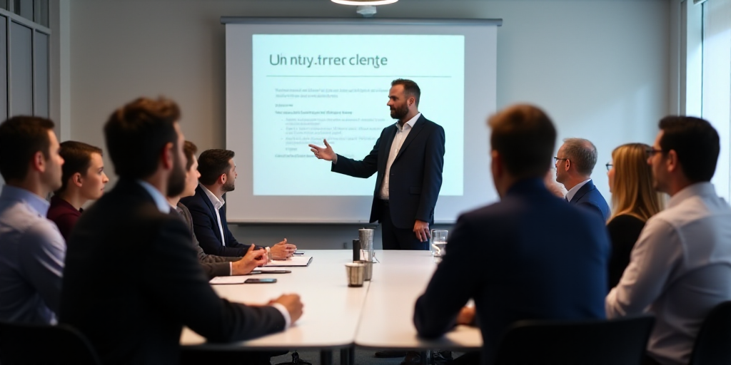 a group of people sitting around a table with a man giving a presentation to them on a board in the
