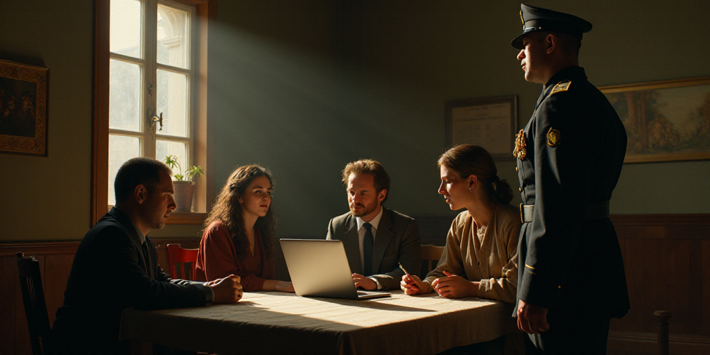 a group of people sitting around a table with a laptop computer on it and a man in uniform standing
