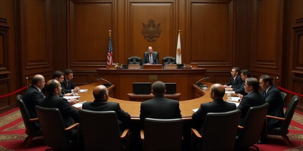 a group of people sitting at a table in a courtroom with a red rope around the perimeter of the room