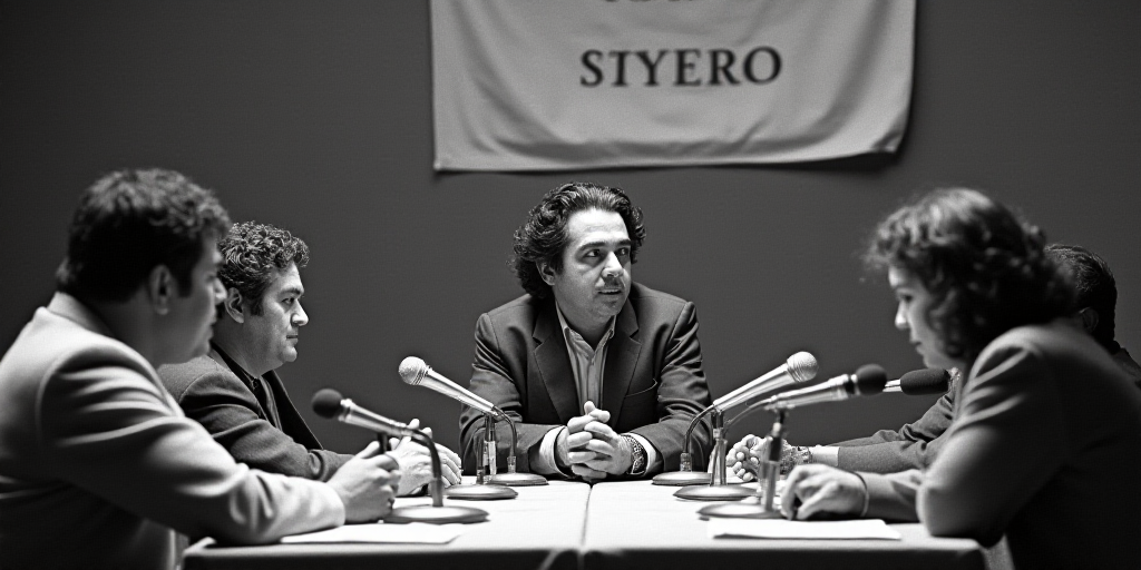 a group of people sitting at a table with microphones in front of them and a banner behind them, Dav