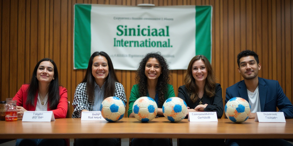 a group of people sitting at a table with soccer balls on it and a sign behind them that says, confe