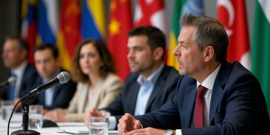 a group of people sitting at a table with flags behind them and a microphone in front of them with a
