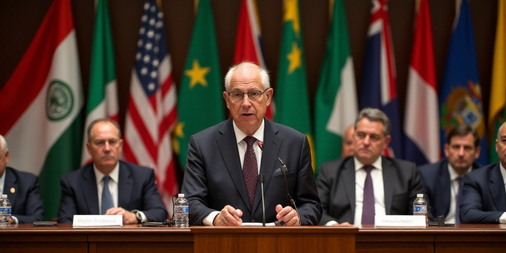 a group of people sitting at a table with flags behind them and a man standing at a podium with a mi