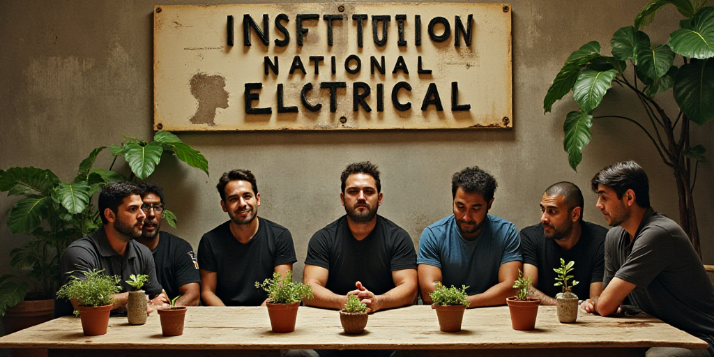 a group of people sitting at a table with plants in front of them and a sign that says institution n