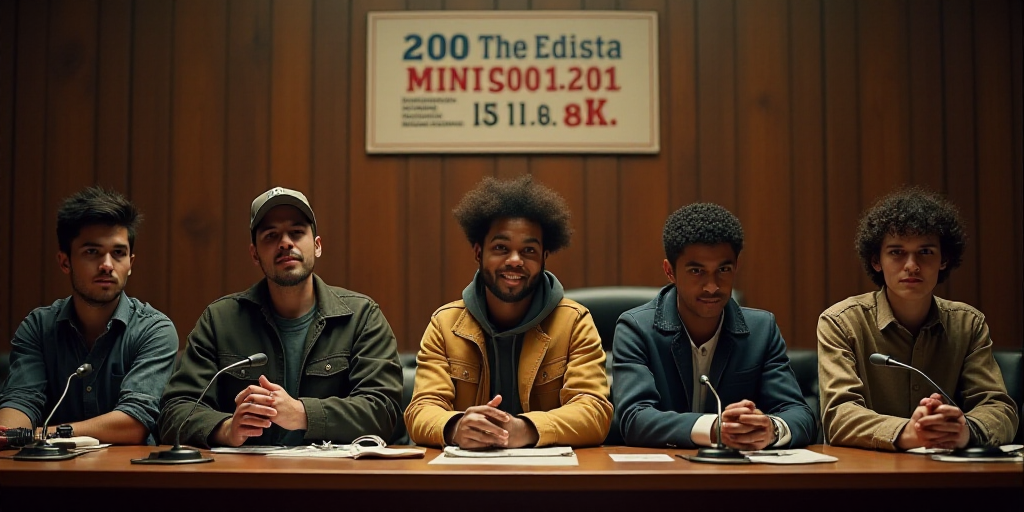 a group of people sitting at a table with microphones in front of them and a sign behind them, Eddie