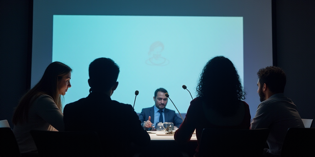 a group of people sitting at a table with microphones in front of them and a large screen behind the