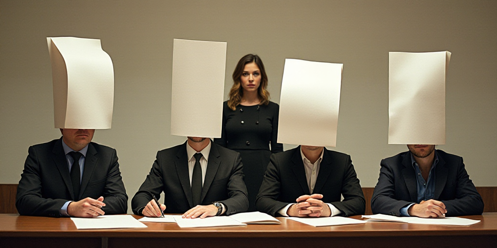 a group of people sitting at a table with papers and papers on their heads and one woman standing be