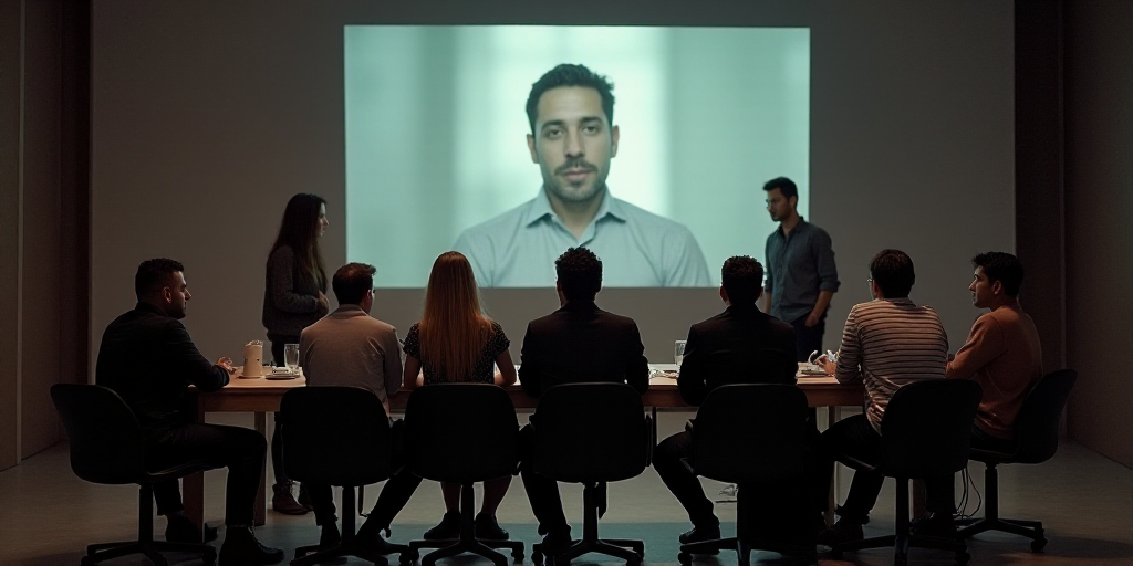 a group of people sitting at a table in front of a screen with a man on it and a woman standing behi