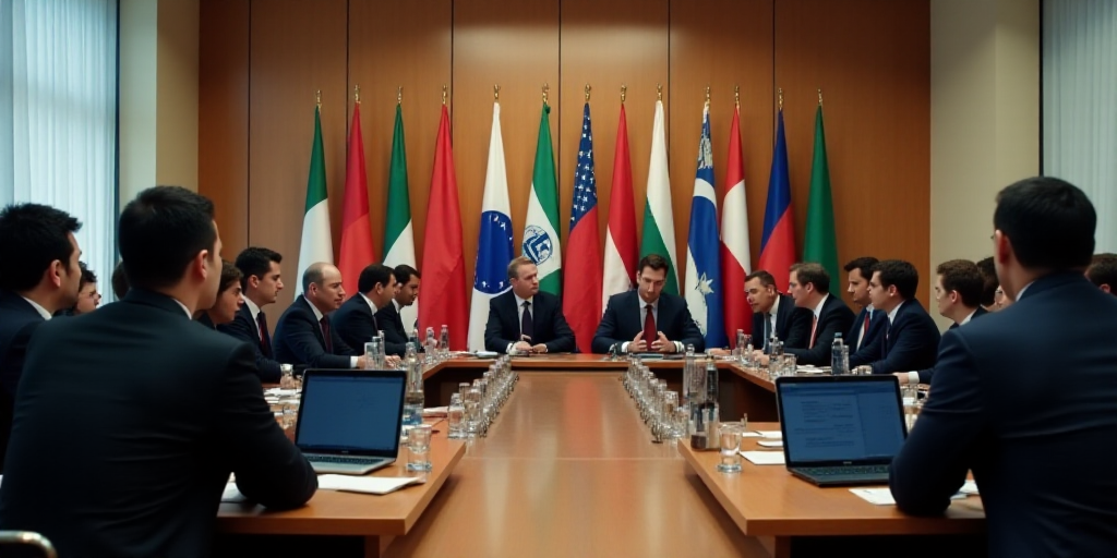 a group of people sitting at a table with computers in front of them and flags behind them in a conf
