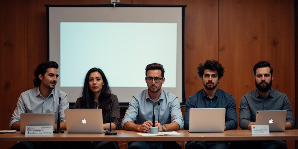 a group of people sitting at a table with laptops and microphones in front of them, with a banner be