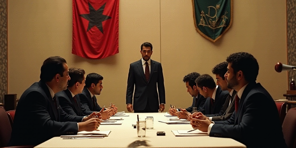 a group of people sitting at a table with papers in front of them and a flag hanging on the wall, Da