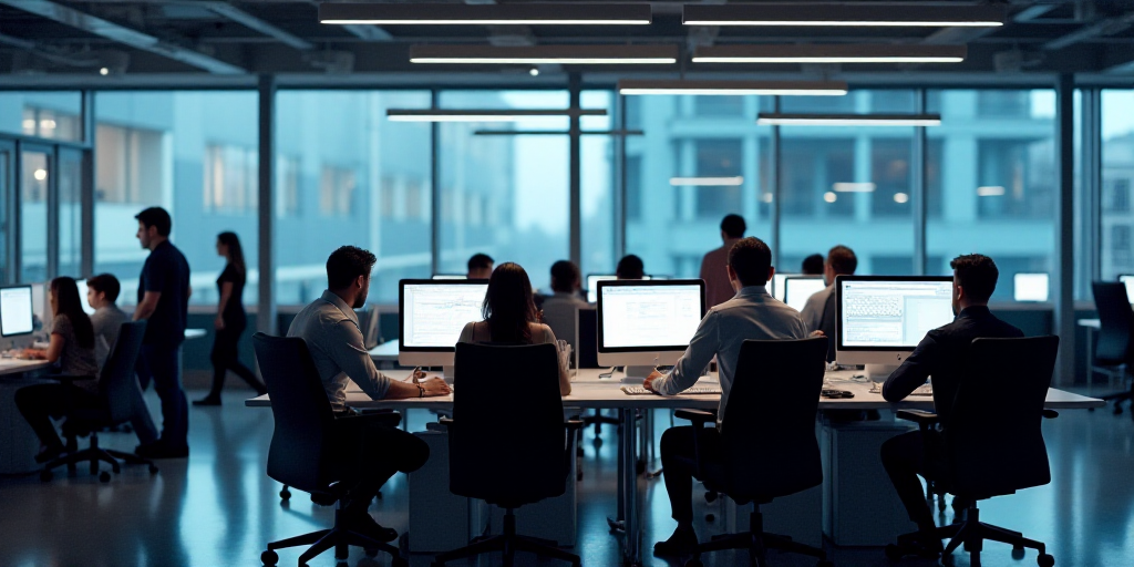 a group of people sitting at a table working on computers in an office setting with people walking b